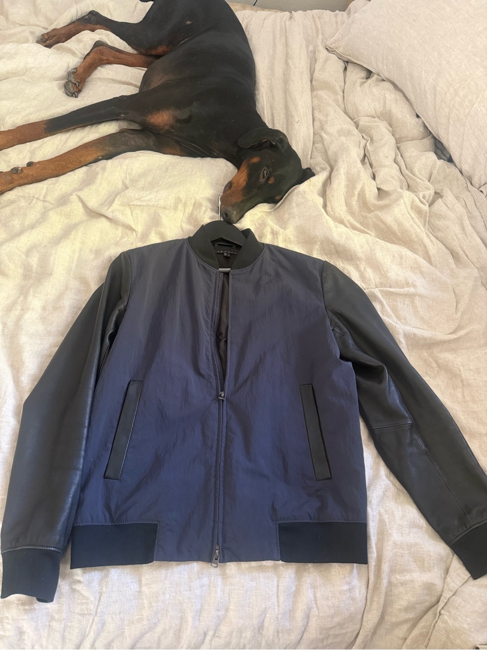 Theory Men's Navy Body with Black Leather Sleeves Bomber Jacket